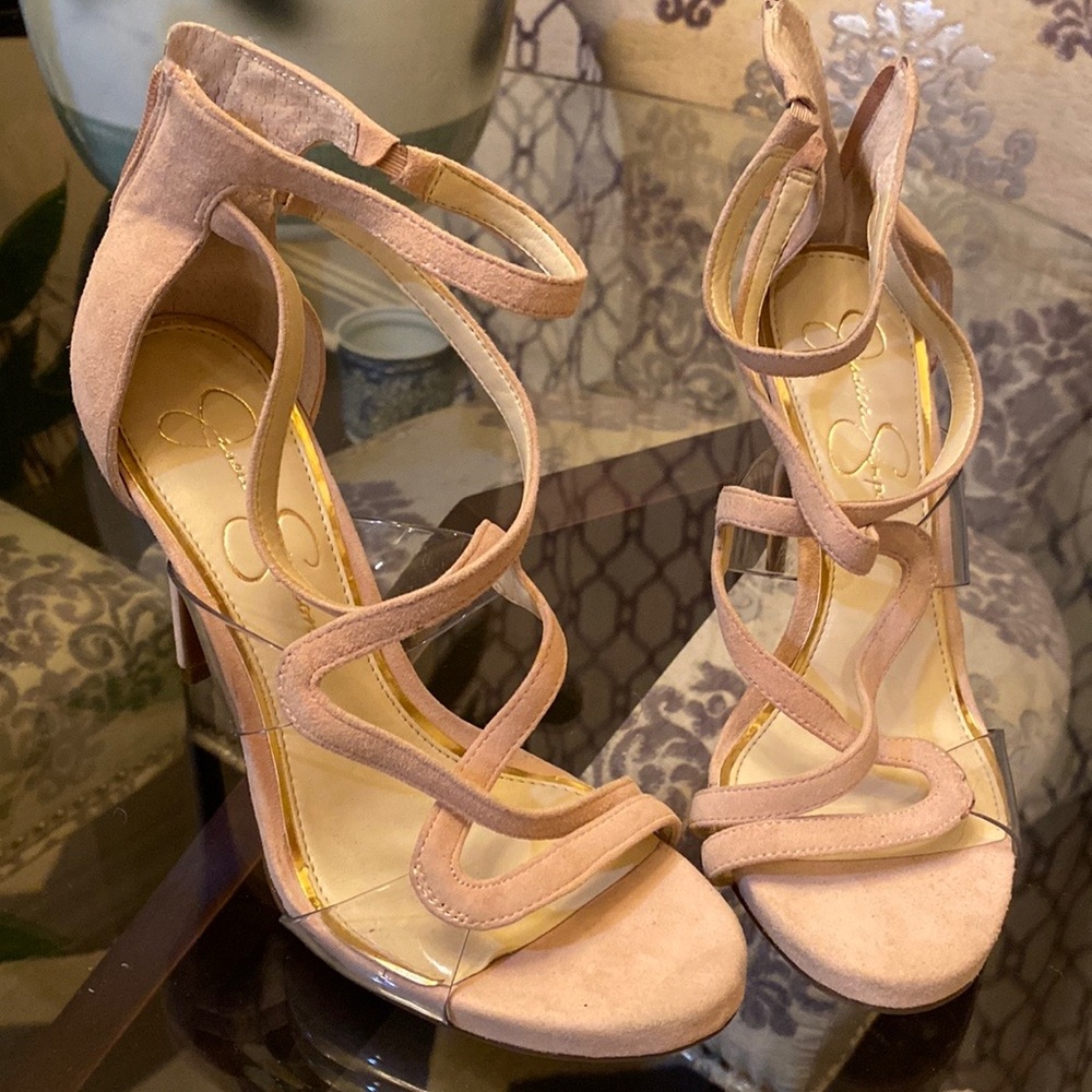 Leather blush and clear PVC heels.